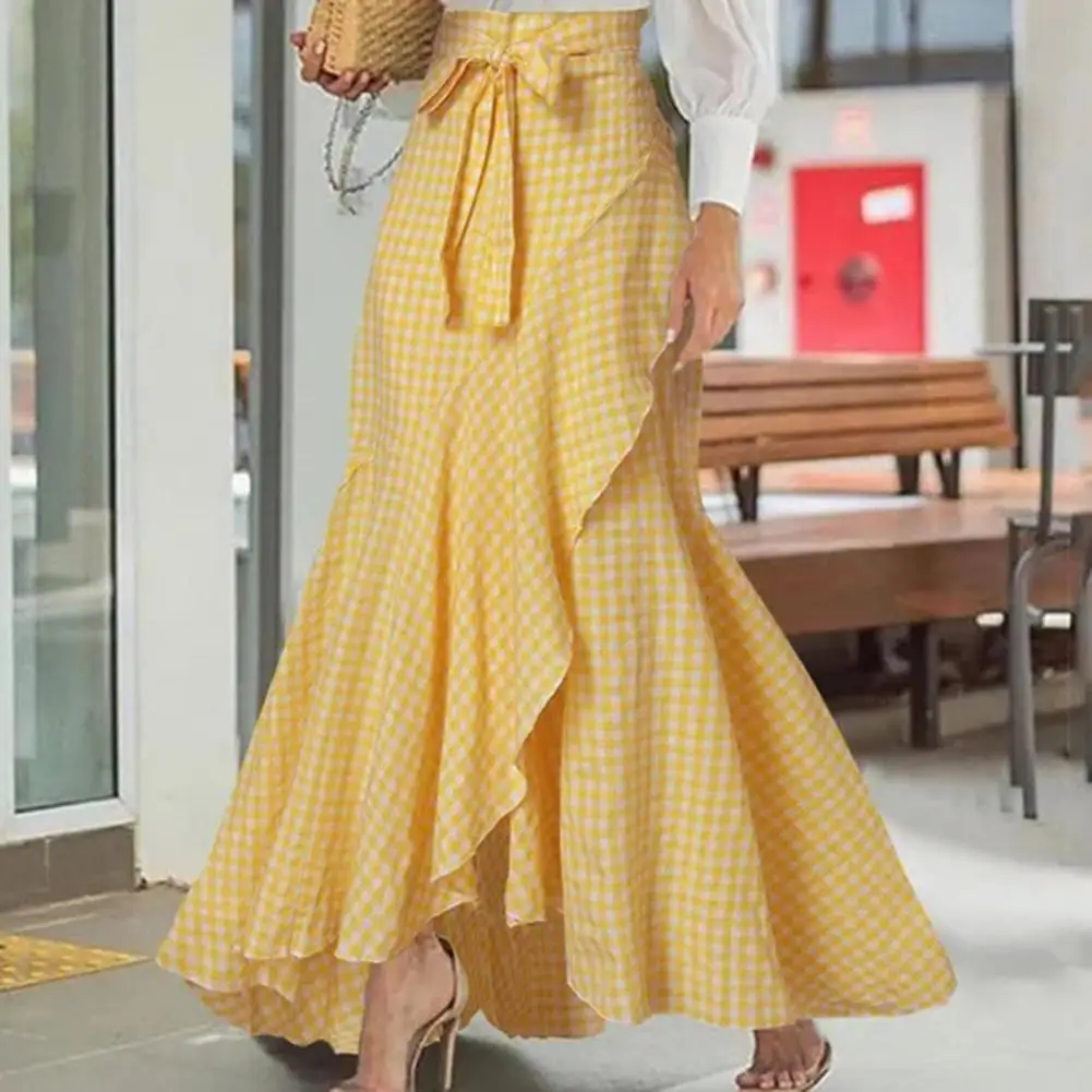 

Elegant Women Long Ruffled Skirt Plaid Print Bow Tie Irregular Hem Maxi Skirt High-waisted Autumn New Ruffle Trim Lace-up Skirts