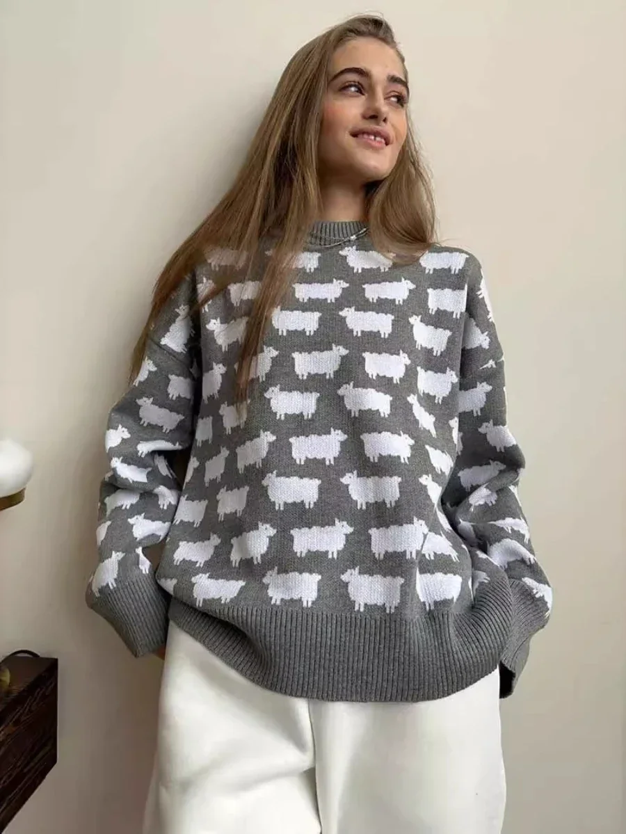 Bornladies O-neck Alpaca Printed Sweater Women\'s Loose Casual Mid Length Retro Sweater Autumn Winter New Warm Pullover Top