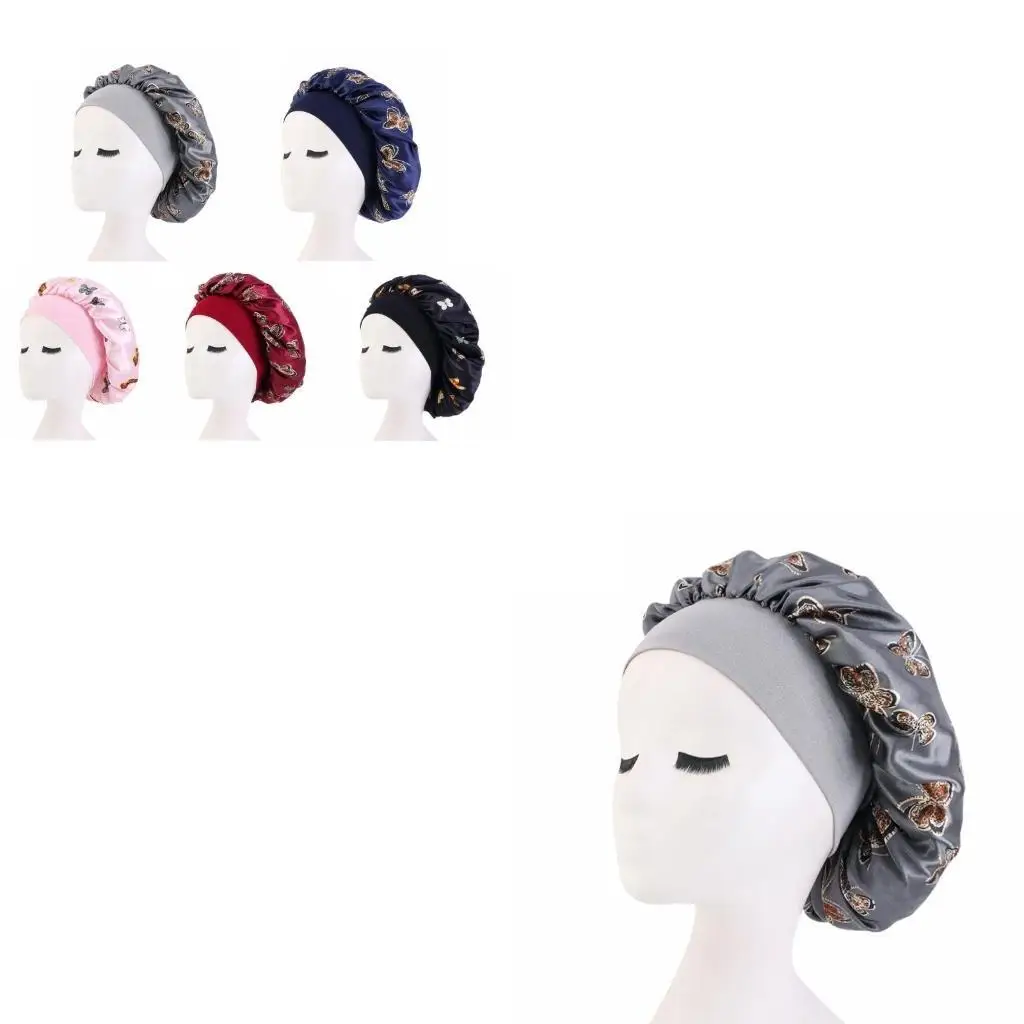 

652F Trendy for Butterfly Print Hair Care Sleep Cap Bonnet Hat Wide Brim Night Cap Hair Chemo Hat Turban Hat
