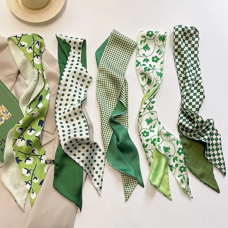 Green Silk Scarf Headband Light Luxury Satin Plaid Fashion Simple Floral Thin Headband Fresh Headwear For Women Stylish Gift