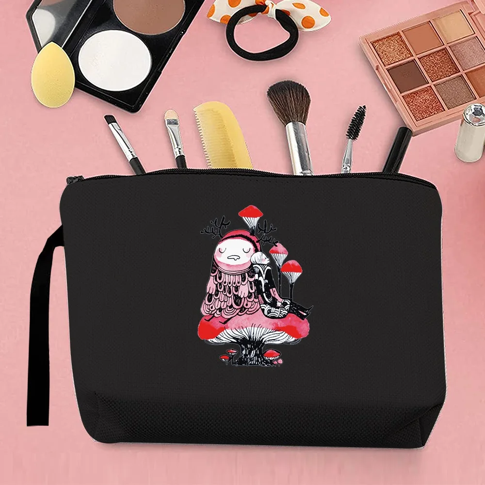 Fashion Woman Makeup Brush Storage Bag Coin Purse Canvas Cute Mushroom Pattern Printing Portable Harajuku Storage Black view 5
