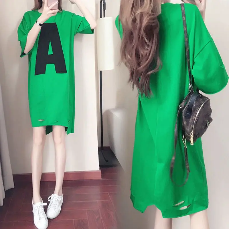 Fashion O-Neck Printed Letter Asymmetrical Hole Casual Dresses Female Clothing 2024 Summer New Loose Korean Irregular Mini Dress