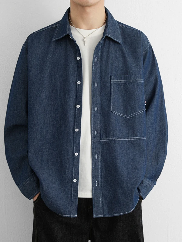 

Loose Fit Pure Cotton Long Sve Denim irt Casual Sle Spring Autumn Men's Faion Deep Blue Casual irt Coat