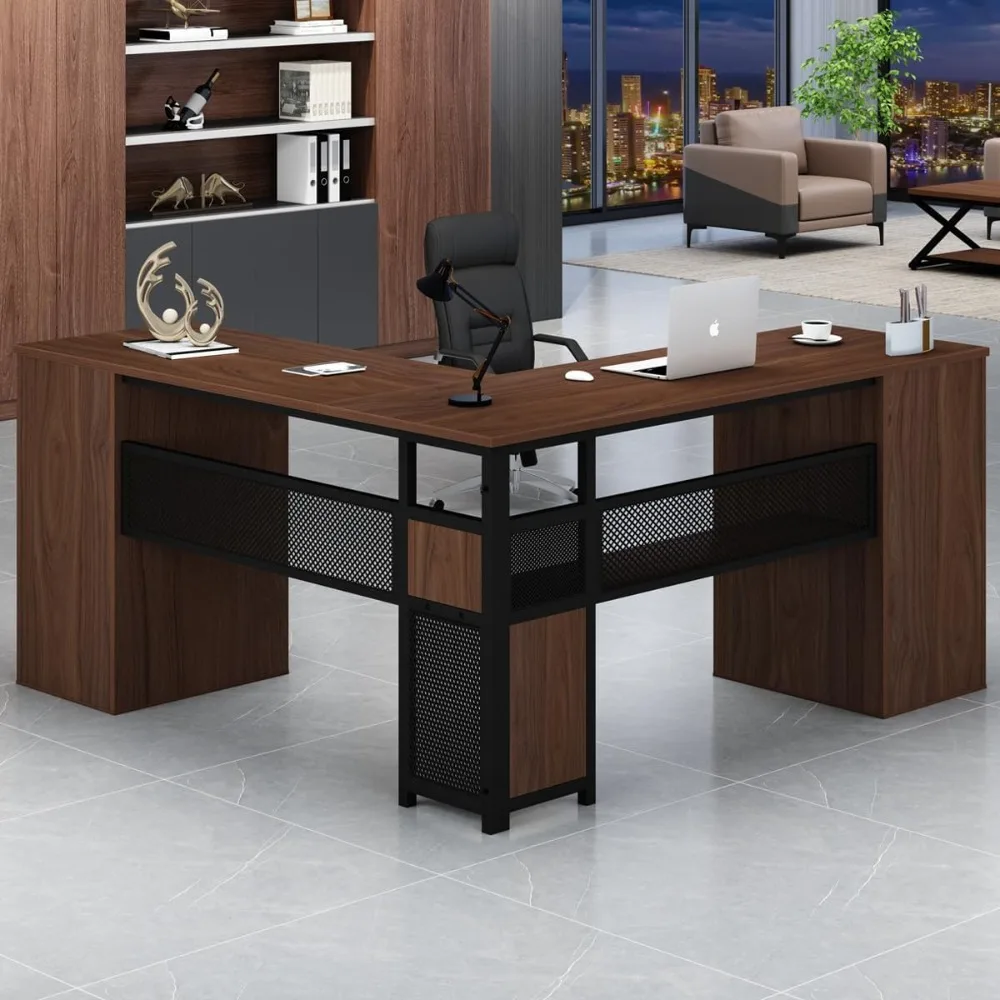 Home Office Metal Wood Computer Desk for Work Writing Study Gaming, Rustic L-Shaped，Large L Shaped Executive Desk with Drawers