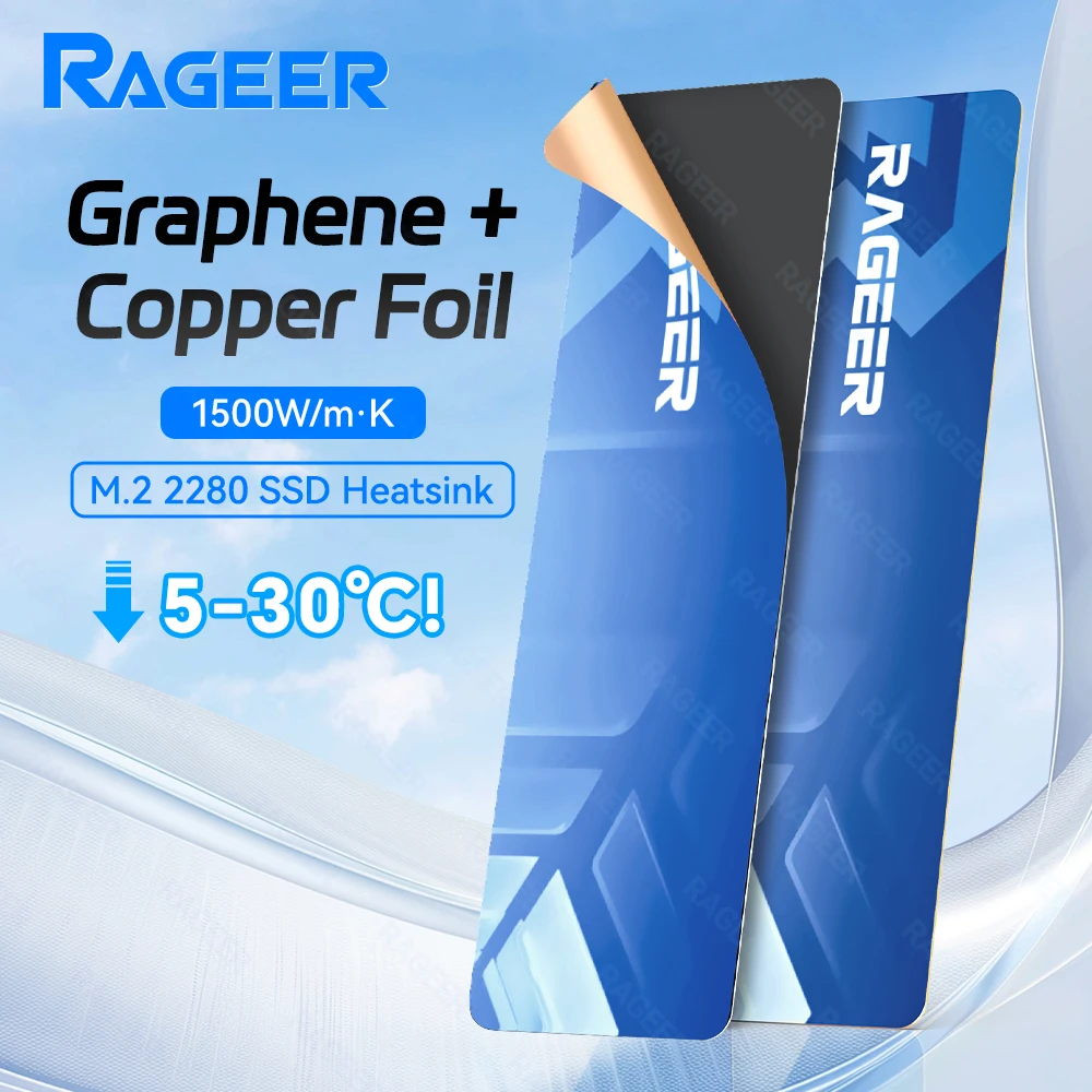 

RAGEER M.2 2280 SSD Graphene+Copper+Thermal Pad Triple-Layer 0.5mm High-Conductivity Cooler for Laptops/PCs/PS5, 2PC/5PC
