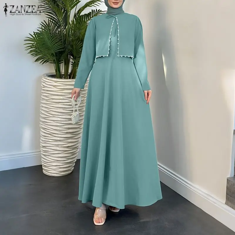 

ZANZEA Muslim Modest Women Long Dresses O-Neck Long Sleeve Layered Design Pearls Abaya Islamic Hijabs Clothing Robes Femme