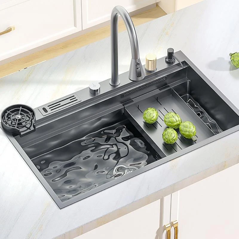 

Kitchen Sink 304 Stainless Steel Large Single Slot Hidden Waterfall Faucet Rapid Drainage Design Double Step Slide Rail Sink