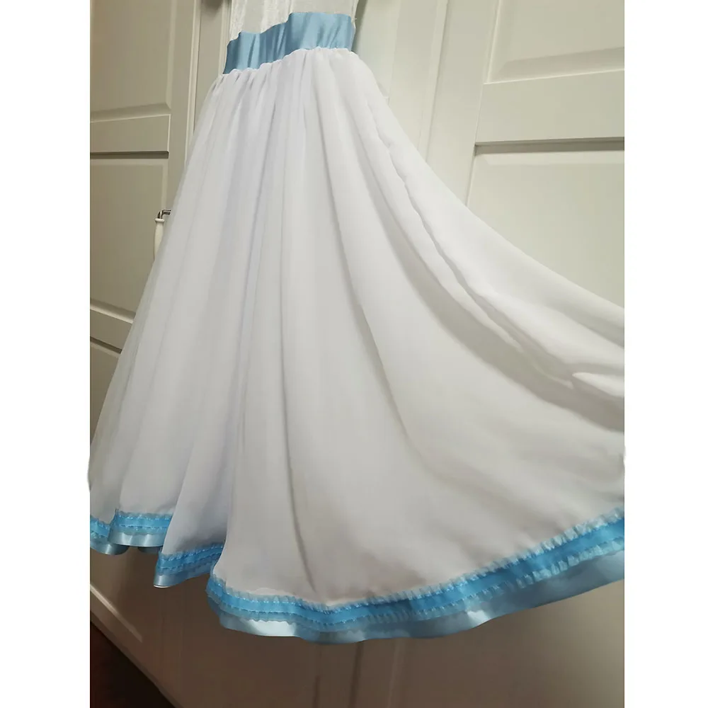 White Clara Ballet Long Dress Blue Ribbons, Velvet Top And Chiffon Skirt Romantic Ballet Costumes For Performance