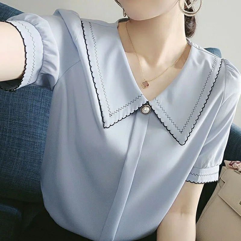 Blusa de verano de manga corta con cuello Peter Pan para mujer, camisa elegante de color liso que combina con todo, estilo coreano, 2022