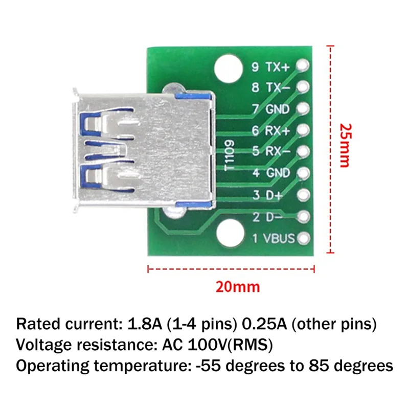 MAKE-1 Stück USB 3.0 Buchse auf Dip Pin Test Board USB 3.0 zum Dip Power Adapter Board Modul Grün