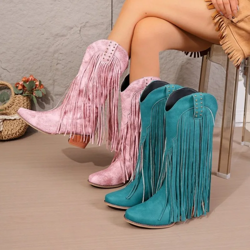 

Tassel Mid-Tube Boots Fashion Round Toe Sleeve Studded Block Heel Non-Slip Single Boots Without Inner Lining