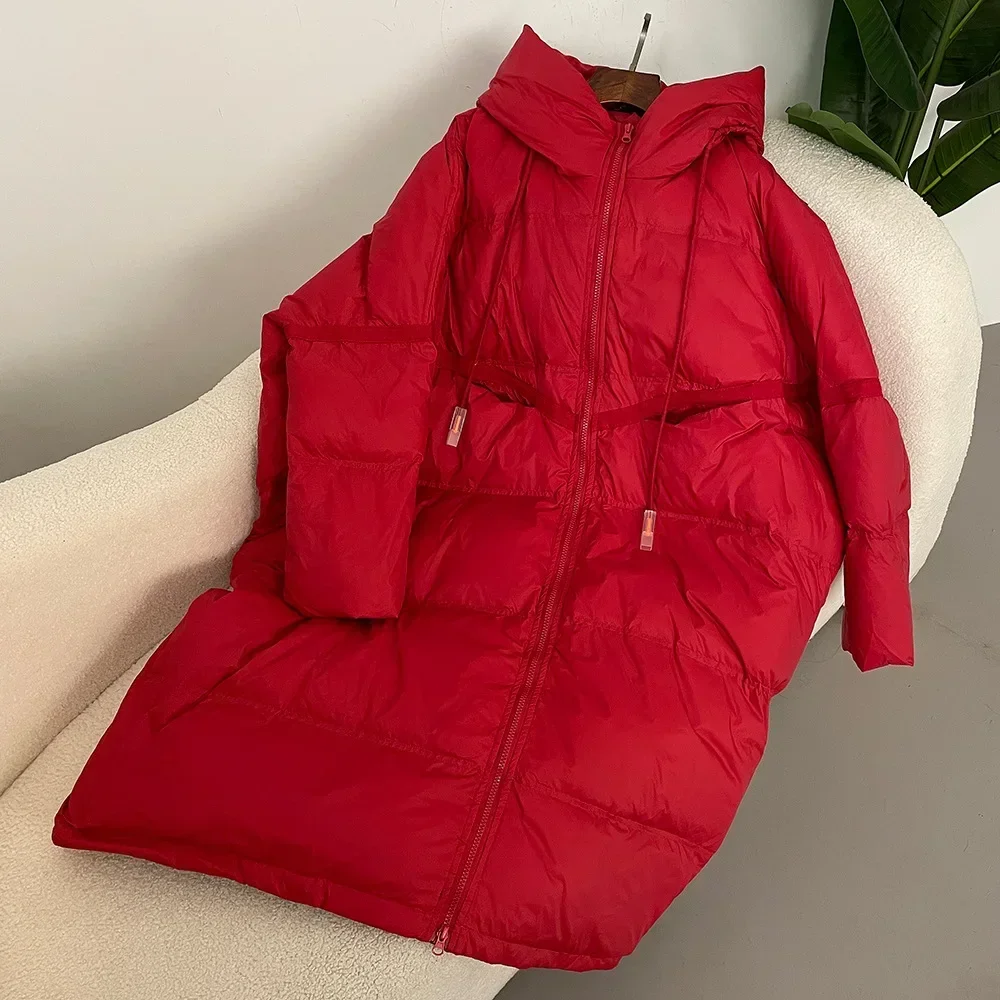 Donsjack Damesmode 2025 Herfst Winter Dikke lange witte eendendonsjas Warme grote losse donsjack met capuchon voor dames