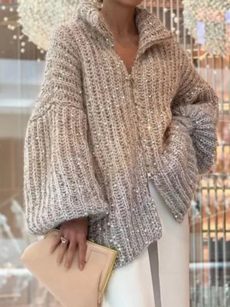 Fashionable Versatile Sweater Zipper Trendy Cardigan High-end Temperament Small Fragrance Comfortable Sequin V-neck Sweater