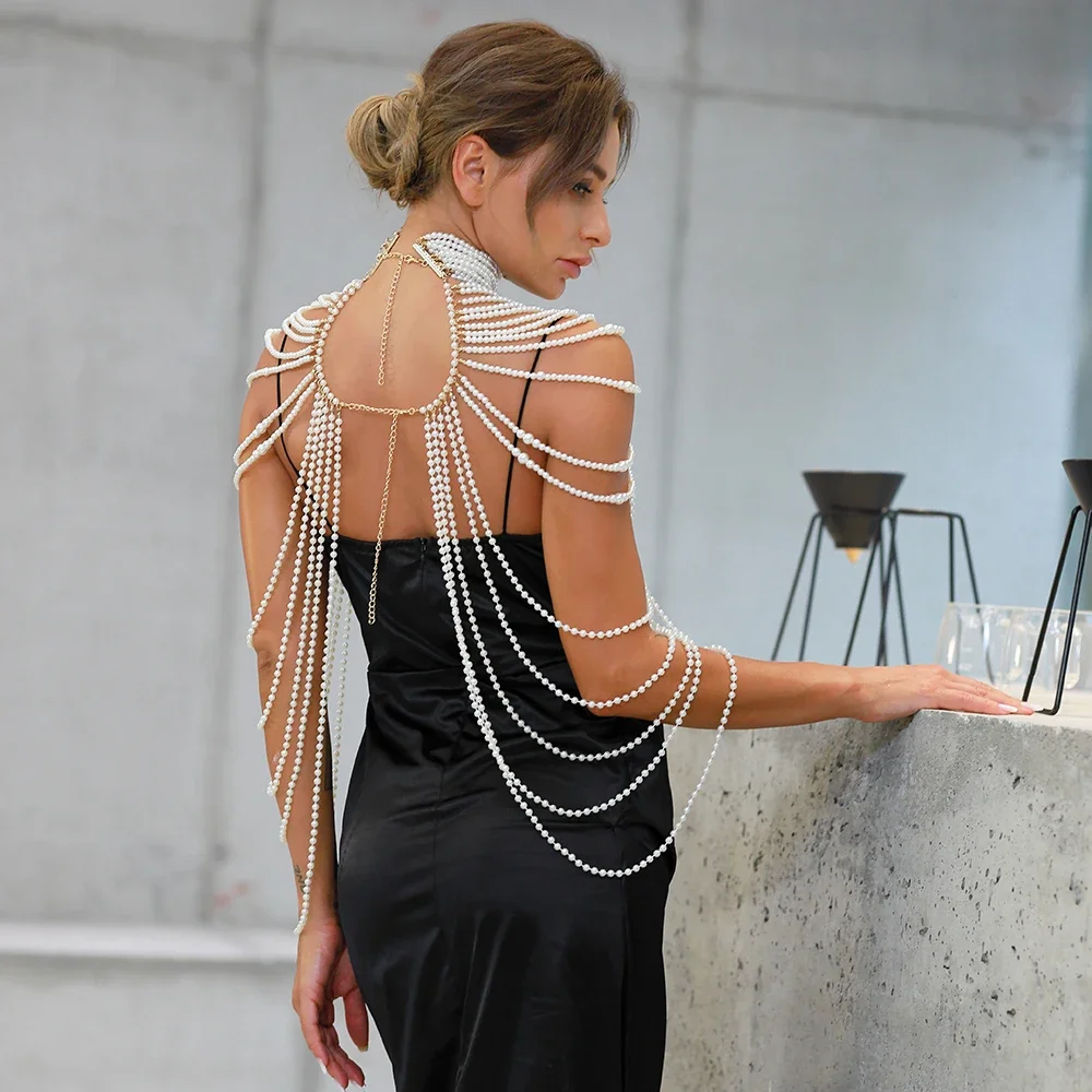 Sexy Pearl Body Chain For Women Necklaces Shawl Female Punk Style Beaded Collar Shoulder Sweater Long Chain Bridal Body Jewelry