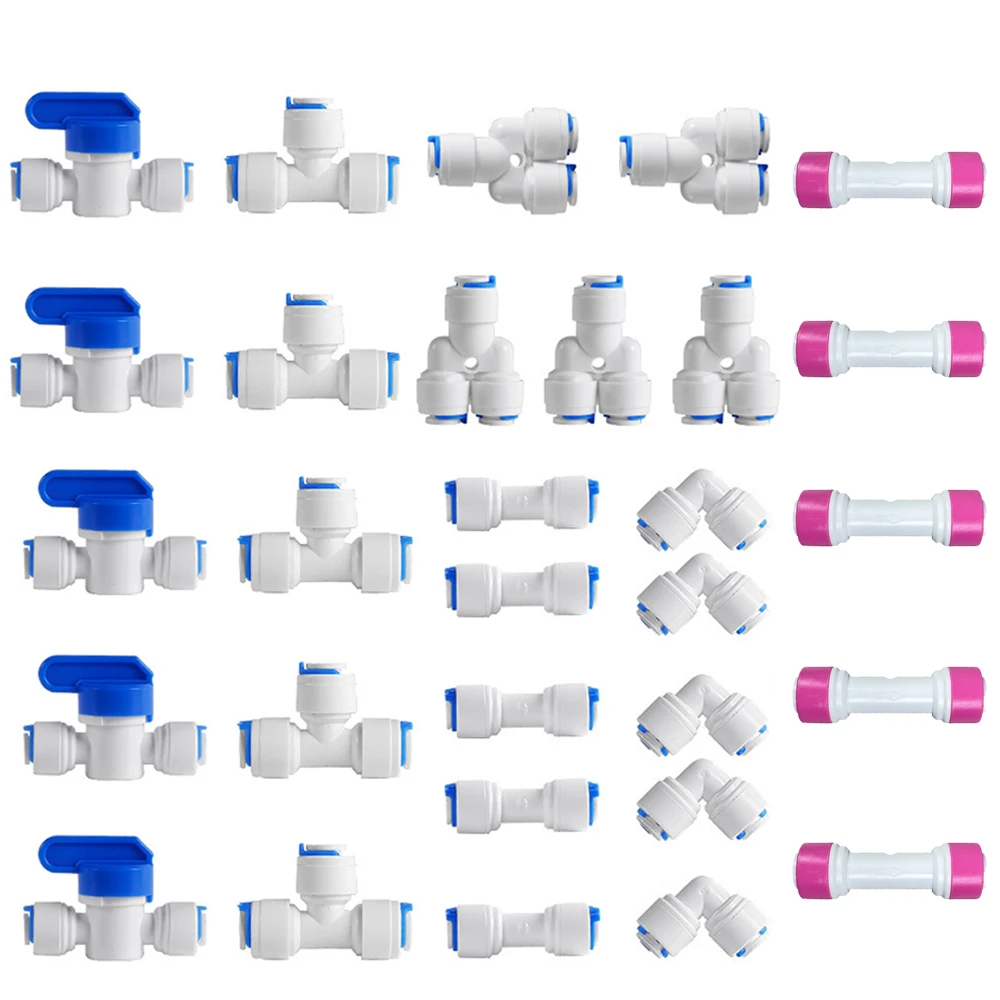 1/4inch O.D. Quick Connect Push-In RO Water Tube Fittings Kit Straight Tee Elbow Ball Valve for Water Purification System