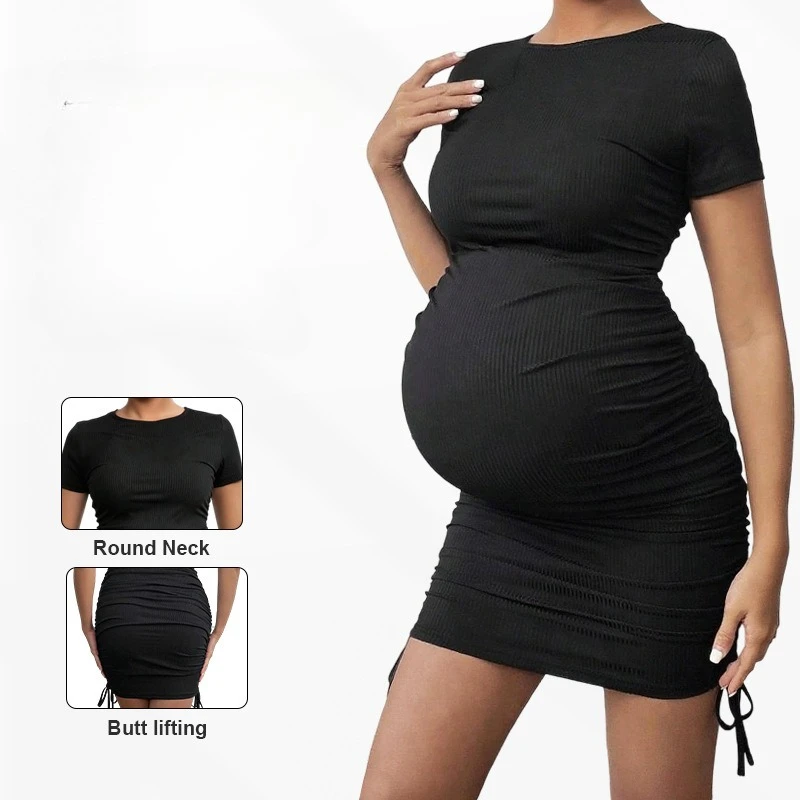 Autumn New Side Drawstring Pregnant Women's Decoration Body Elastic Fashion Casual Comfortable Pregnant Women's Dress
