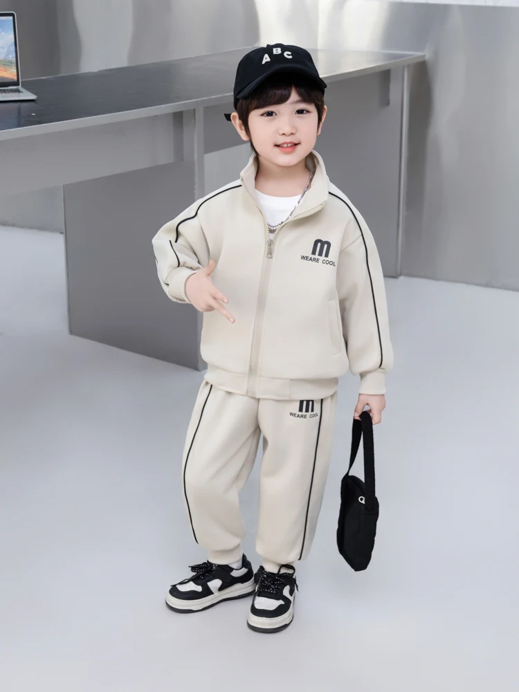 男の子用スポーティなツーピースセット-春秋カジュアルスタイル-快適な綿混紡-ジッパー開閉式-漫画プリント-長袖トップスとパンツ