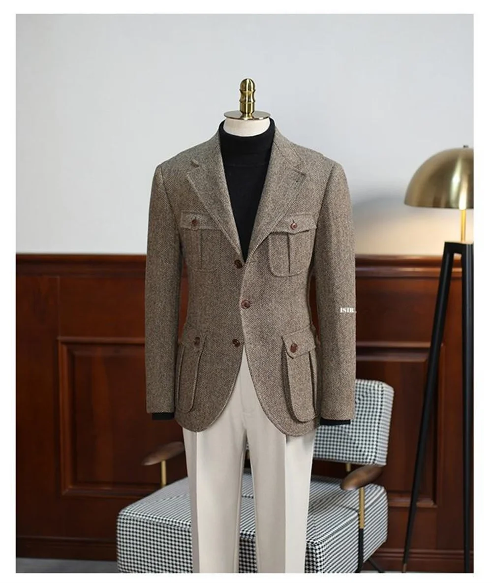 

Vintage business hunting tweed casual cargo plus-size casual multi-pocket men's slim-fit suit jacket
