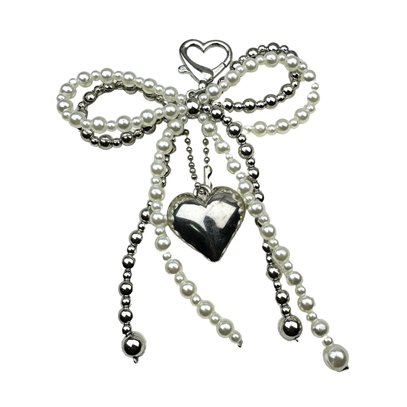 

Sweet Bow Heart-shaped Bag Charm Keychain Cute Beaded Charm Key Ring Cell Phone Lanyard Bag Pendant Accessories Gift