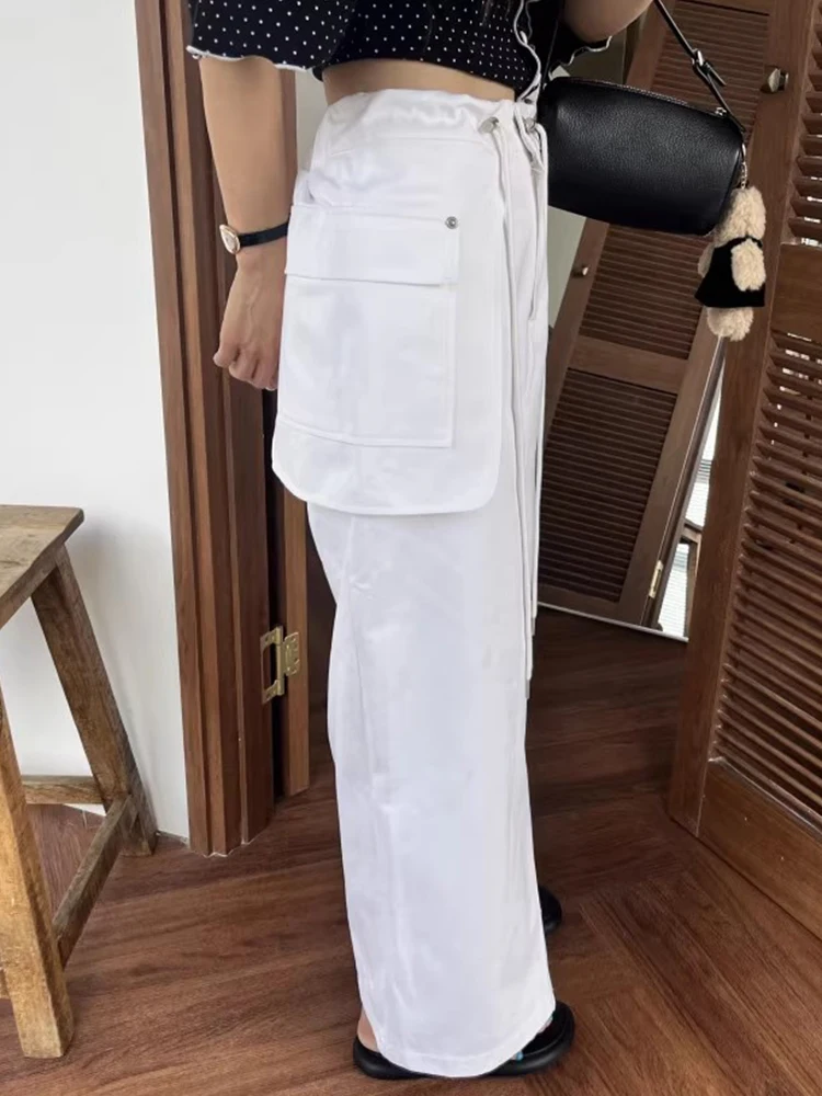 تنورة أنيقة عالية الخصر للعمل مع جيوب كبيرة ورباط جانبي للنساء، نمط كوري للارتداء اليومي