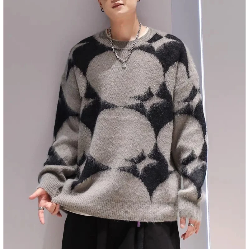 

Contrasting color American retro autumn and winter new sweater lazy style loose round neck trendy knitted sweater men's top