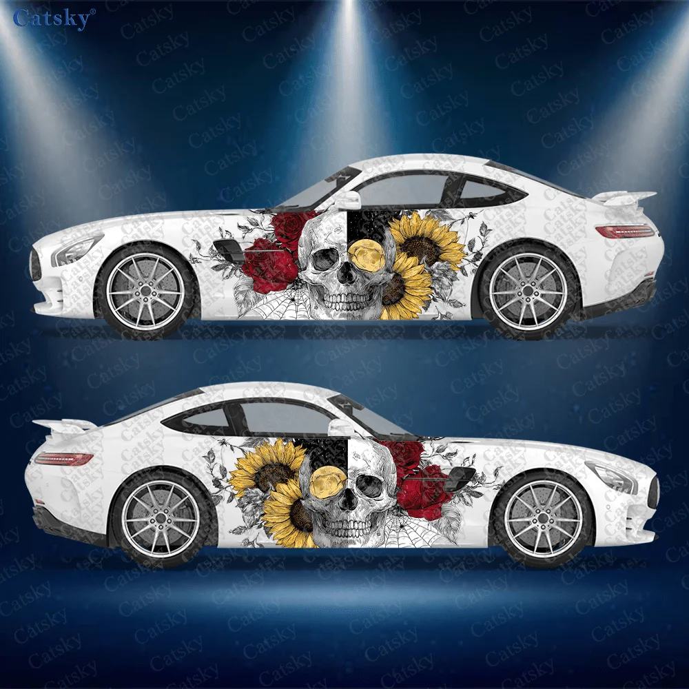 2-adesivi-per-auto-con-teschio-di-rosa-e-girasole-resistenti-anti-sbiadimento-valorizzano-la-bellezza-del-tuo-veicolo-con-un-design-artistico-in-vinile-per-auto