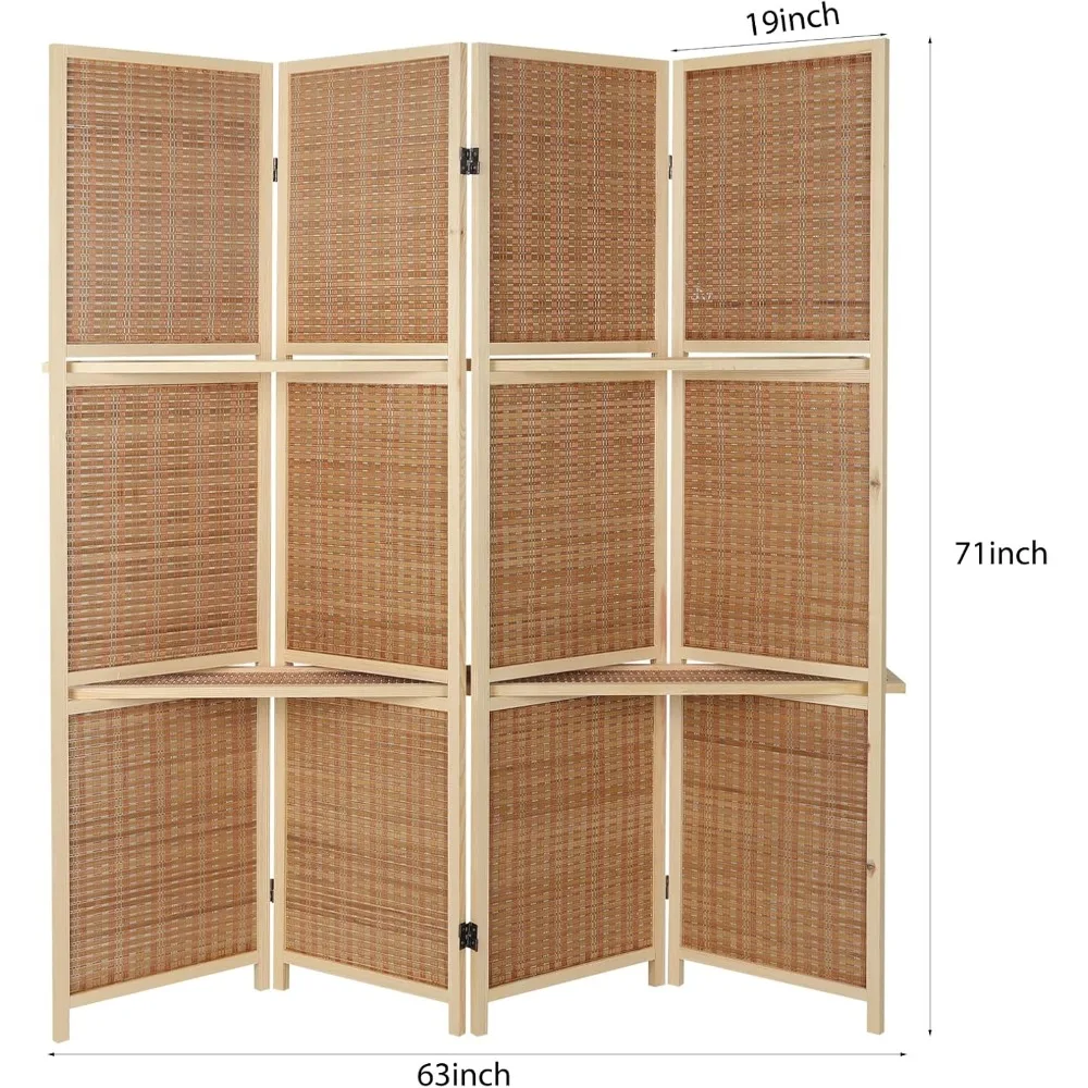 Room Divider with Shelves, Bamboo Room Divider 4 Panel, Folding Screen, Room Dividers and Folding Privacy Screen