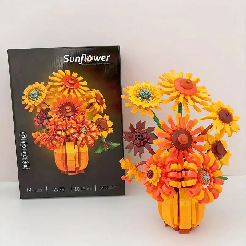 Set di blocchi da costruzione 1015/PCS, modello di vaso di fiori di girasole, decorazione interna di fiori e vasi, blocchi da costruzione per adulti