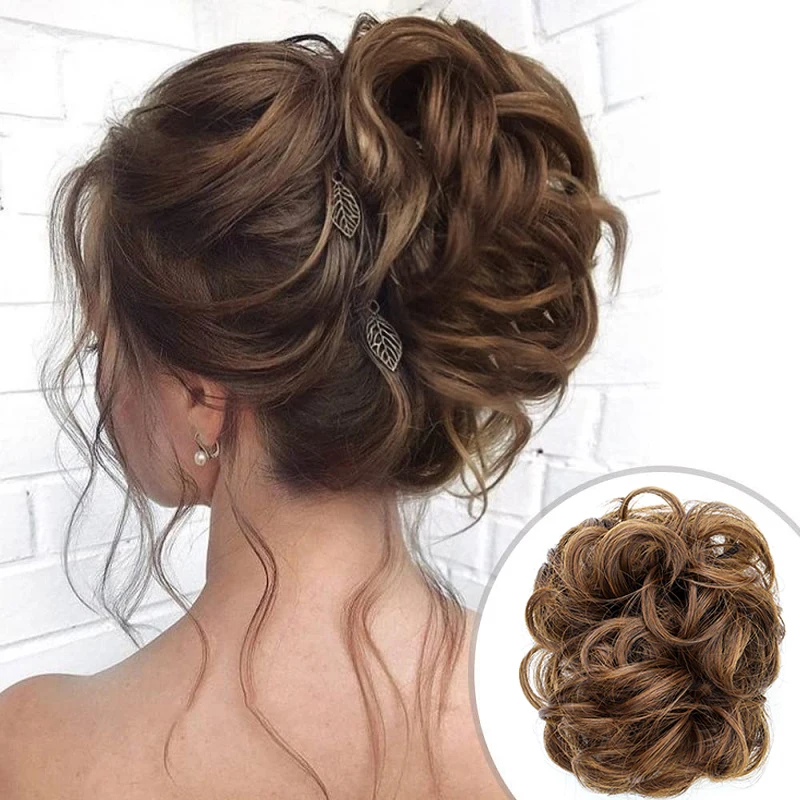 합성 지저분한 머리 롤빵 머리 Chignon Updo 클로 클립 머리 확장 짧은 곱슬 물결 모양의 검은 금발 헤어 피스 여성용