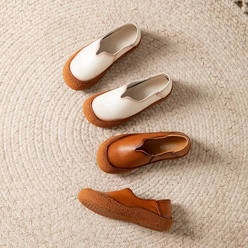 New V cut cow leather shoes for women luxury wide toe ballet flats ladies vintage slip on roman shoe top quality brand moccasins