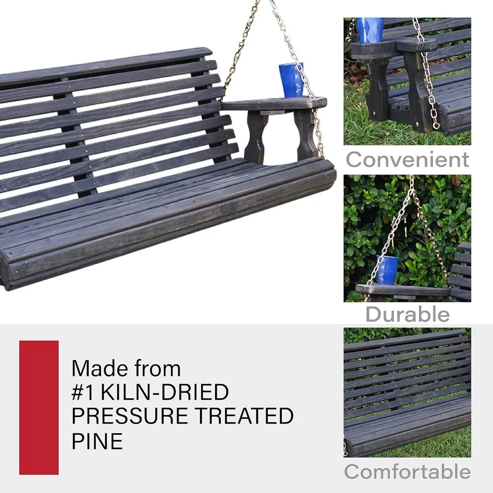 5-Fuß-Verandaschaukel mit rollen Rückenlehne und Getränkehaltern in halbfester, gebeizter Kiefernholz, robust, 700 Pfund. Gewichtskapazität
