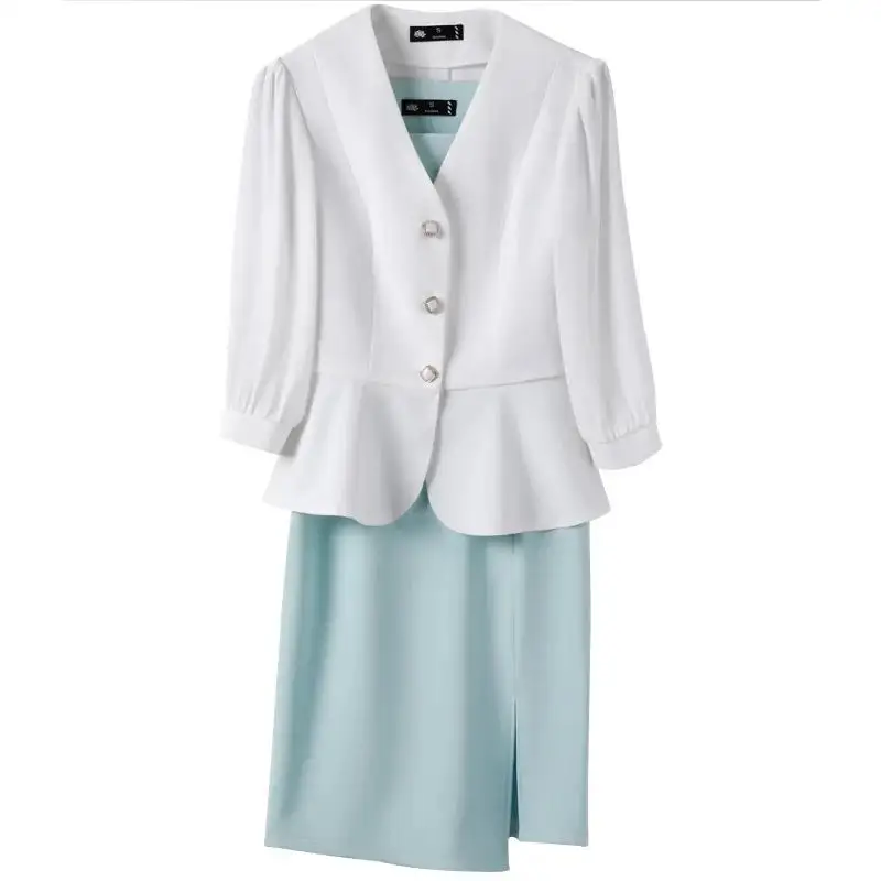 Women Casual 2 Pieces Set 2024 New Fashion Lantern Sleeve Jacket + White Dress Suit Office Ladies Business Blazers Skirt Set