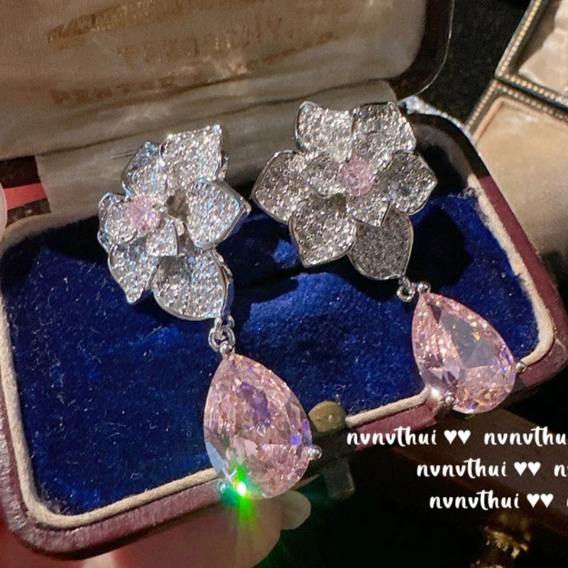 Romantic Elegant Water Drop Flower Necklace Earrings Women Shine Pink Cubic Zirconia 925 Silver Color Wedding Bridal Jewelry Set