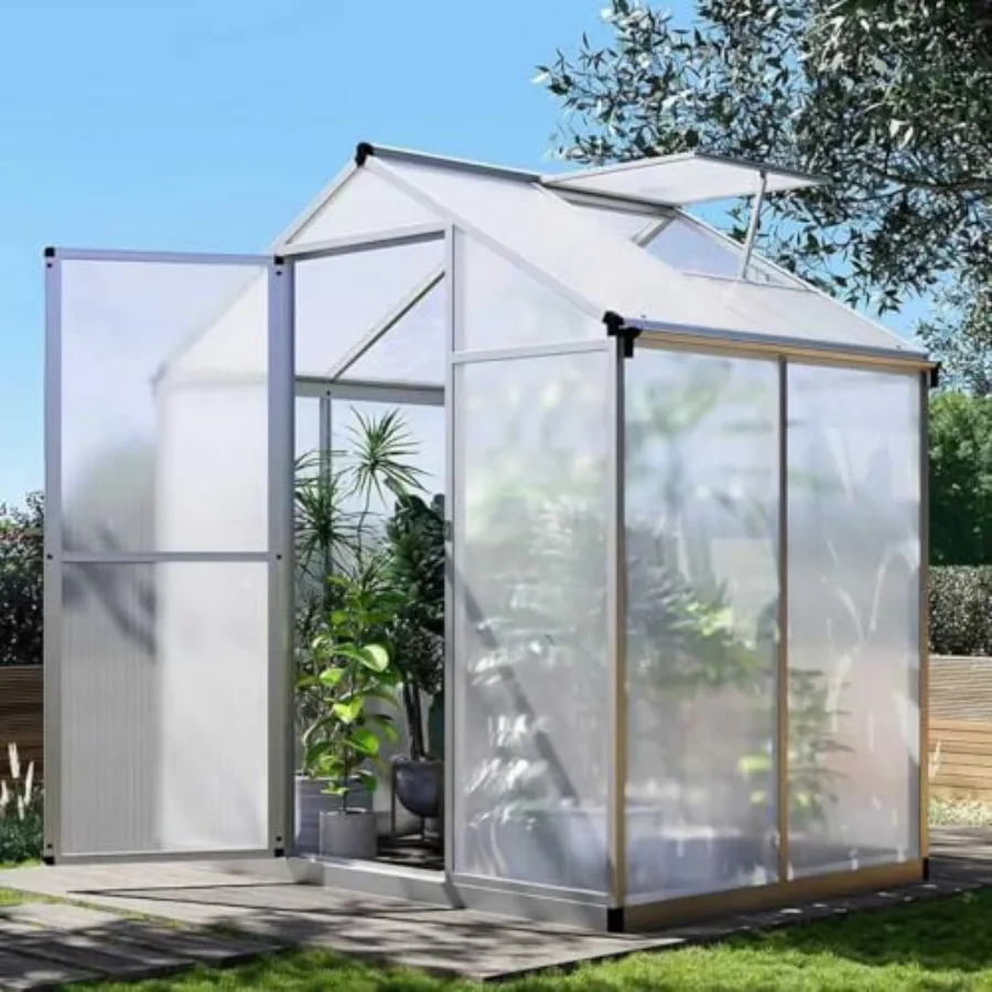 

Greenhouse 6.25x4 ft Quick-Assembly Green House Aerospace Aluminum and Shatterproof Polycarbonate with 24 in x 23 in Roof Vent