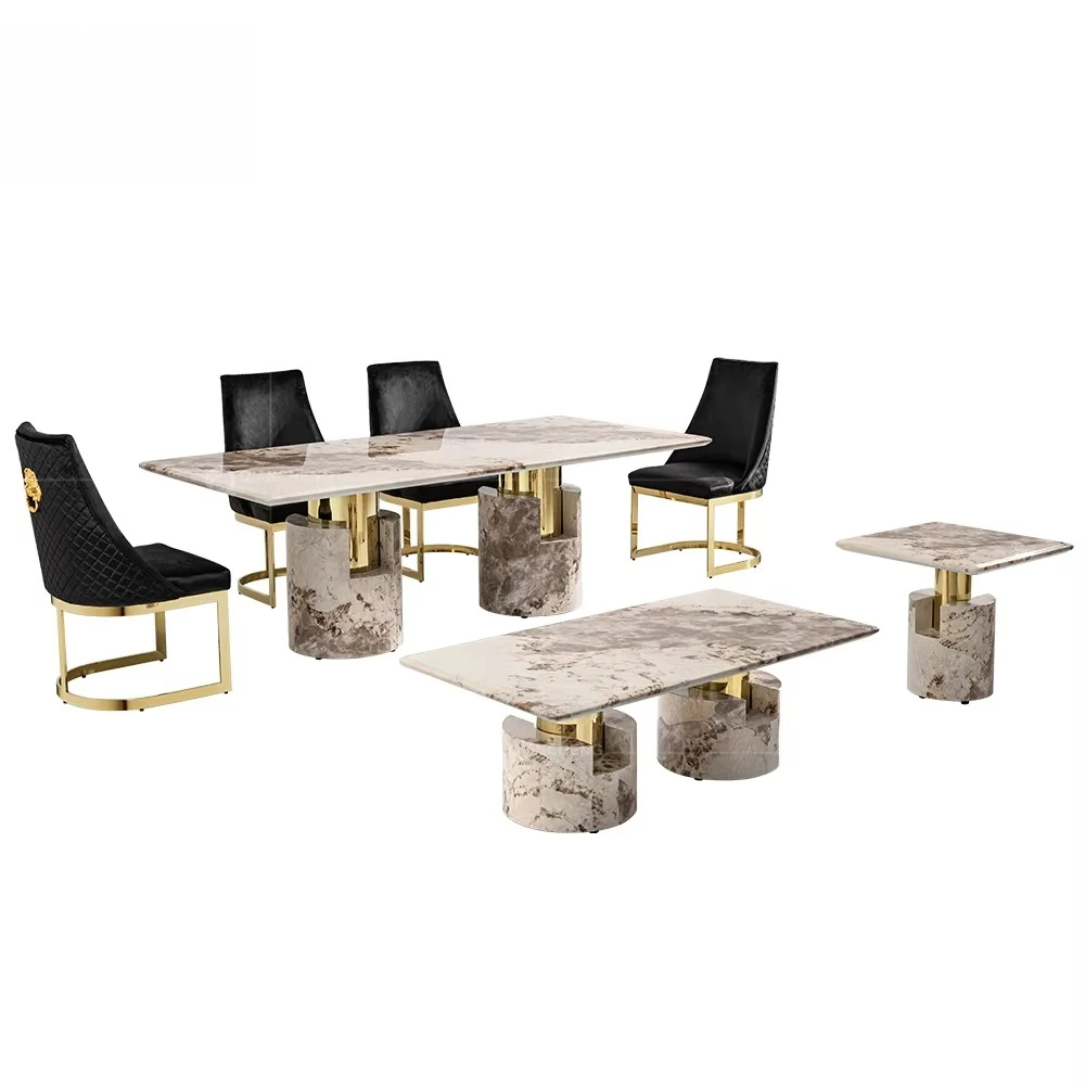 

Qiancheng SS стальная мебель для дома, обеденный стол, каменный набор, 6 стульев, золотой оптовый кварцевый мраморный обеденный стол для ресторана