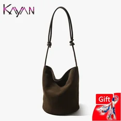 Casual Design Nubuck Leather Women Drawstring Shoulder Crossbody Bucket Bag Genuine Leather Vintage Female Handle Bag Purse