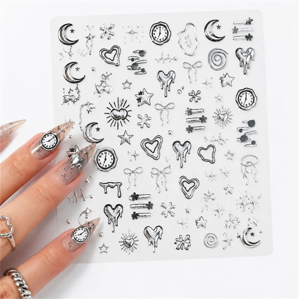 1Pc Y2K Gothic Punk Nail Stickers 5D Hot Silver Self‑Adhesive Melting Heart Clock Moon Star Bow Decals DIY Nail Art Accessories