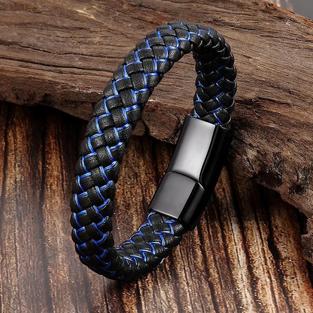 Blue High-End Leather Bracelet Men Chunky Stainless Steel Jewelry Trend 2024 Wholesale Individuation