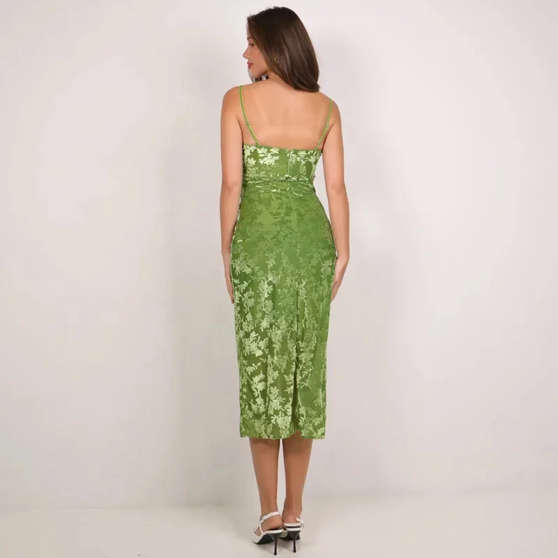 Sexy Ruched Jacquard Tie-Wrap Dress Emerald Green Velvet Bodycon Dress Summer Evening Gown For Women Vacation Floral Maxi Dress