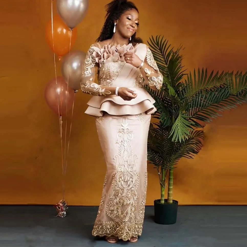 2022 Aso Ebi Style Lace Long Sleeve Formal Party Women Dress Plus Size Custom vestidos  Rose Gold African Mermaid Prom Dresses