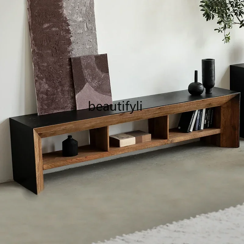 

V Black Solid Wood TV Cabinet Old Pine Oak Veneer Living Room Home Vintage Furniture
