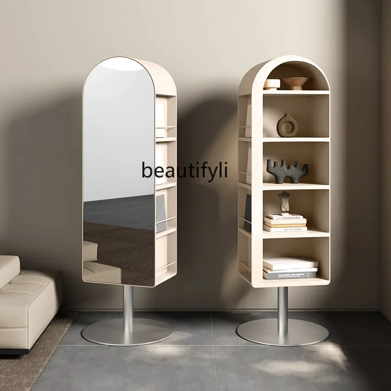 

Full-length mirror Floor-to-ceiling storage magazine Bookshelf Dressing fitting mirror Living room, cream wind storage cabinet