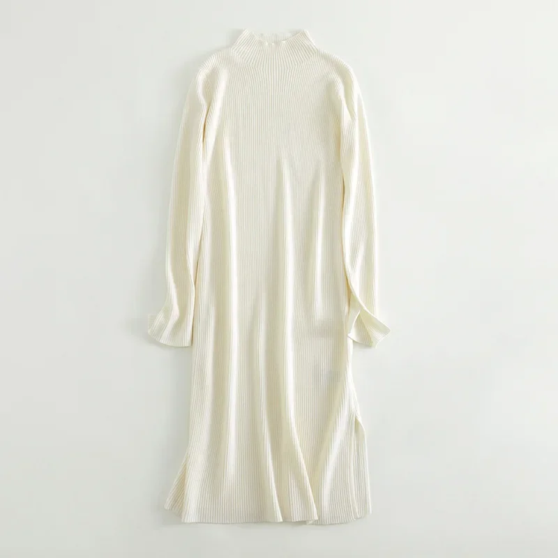 

2023 New Half-high Collar Long-sleeved Commuter 100 Wool Pullover Knitted Long Skirt Winter A-line Dress Women