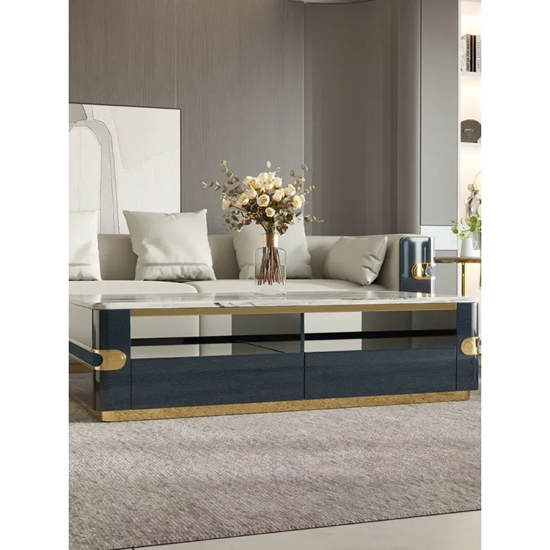 Light luxury long coffee table Hong Kong style post-modern coffee table metal living room marble long coffee table baking paint