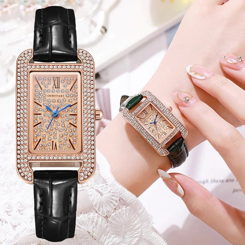 

Luxury Rectangle Full-rhinestone Women Watch Waterproof Roman Dial Leather Band Ladies Wristwatches Montre Femme Relogio