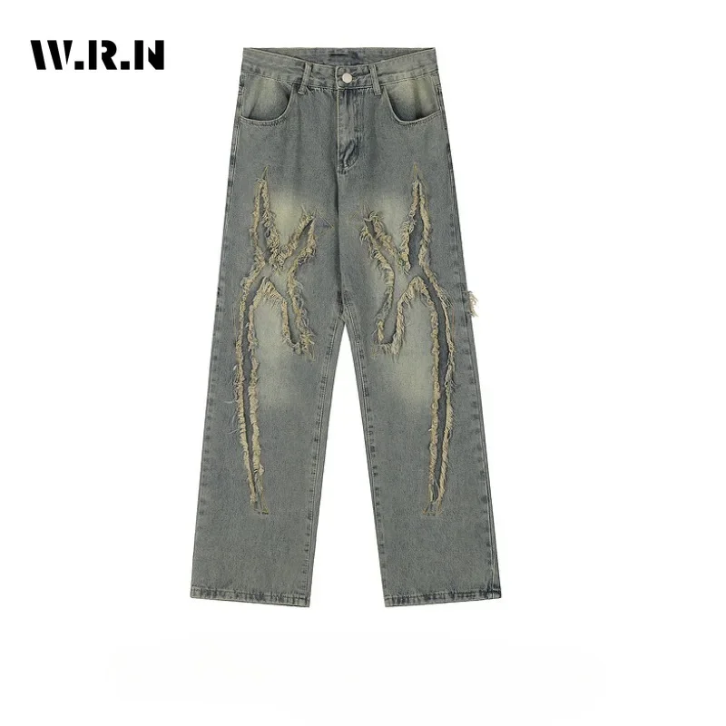 

Women's Vintage Casual High Waist Pants High Street Style Blue Straight Jeans Fashion Wide Leg Baggy Y2K Tassels Denim Trouser