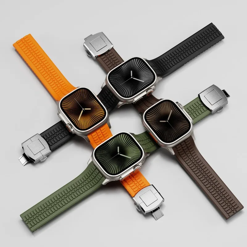 

Grenade Style Silicone Watch Band For Apple Watch 10 Ultra Double Press Butterfly Buckle Replacement Strap