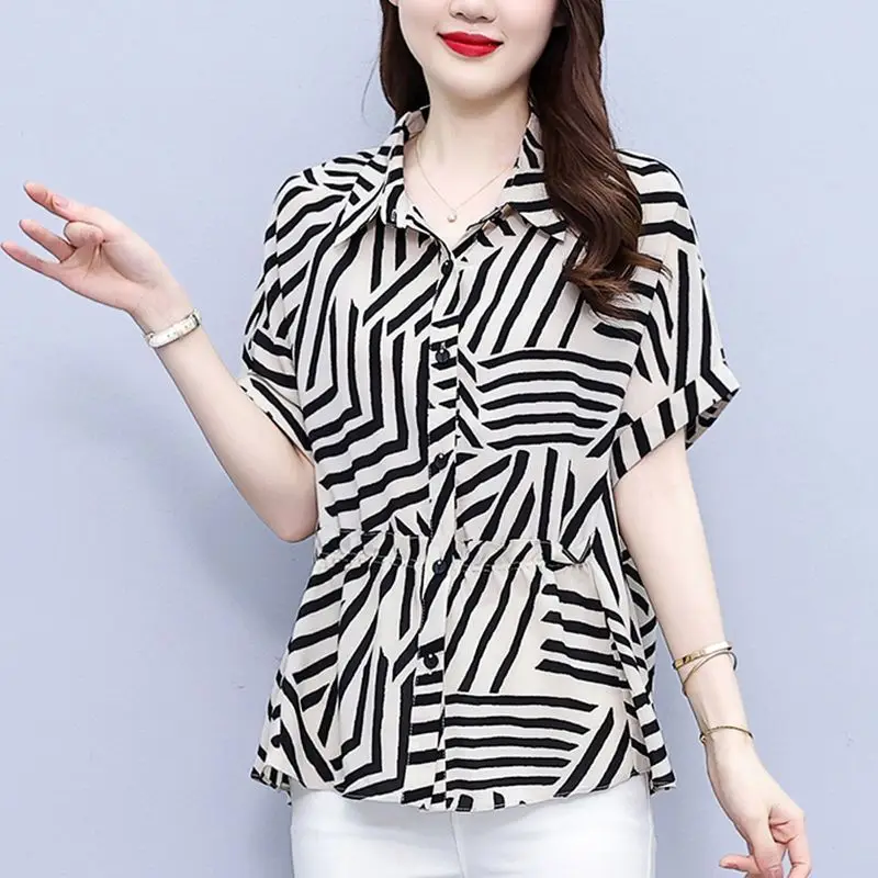 

Waist Cincing Printed Summer Blouse Fashion Striped Shirt for Women Loose Short Sleeve Top