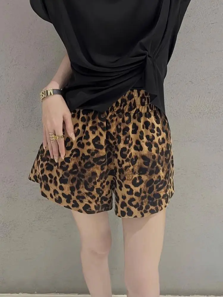 Leopard Shorts Women Elastic Wasit American Style Hot A-line Casual Pockets Ins Sexy Girls Vintage Chic Leisure Stylish Fashion