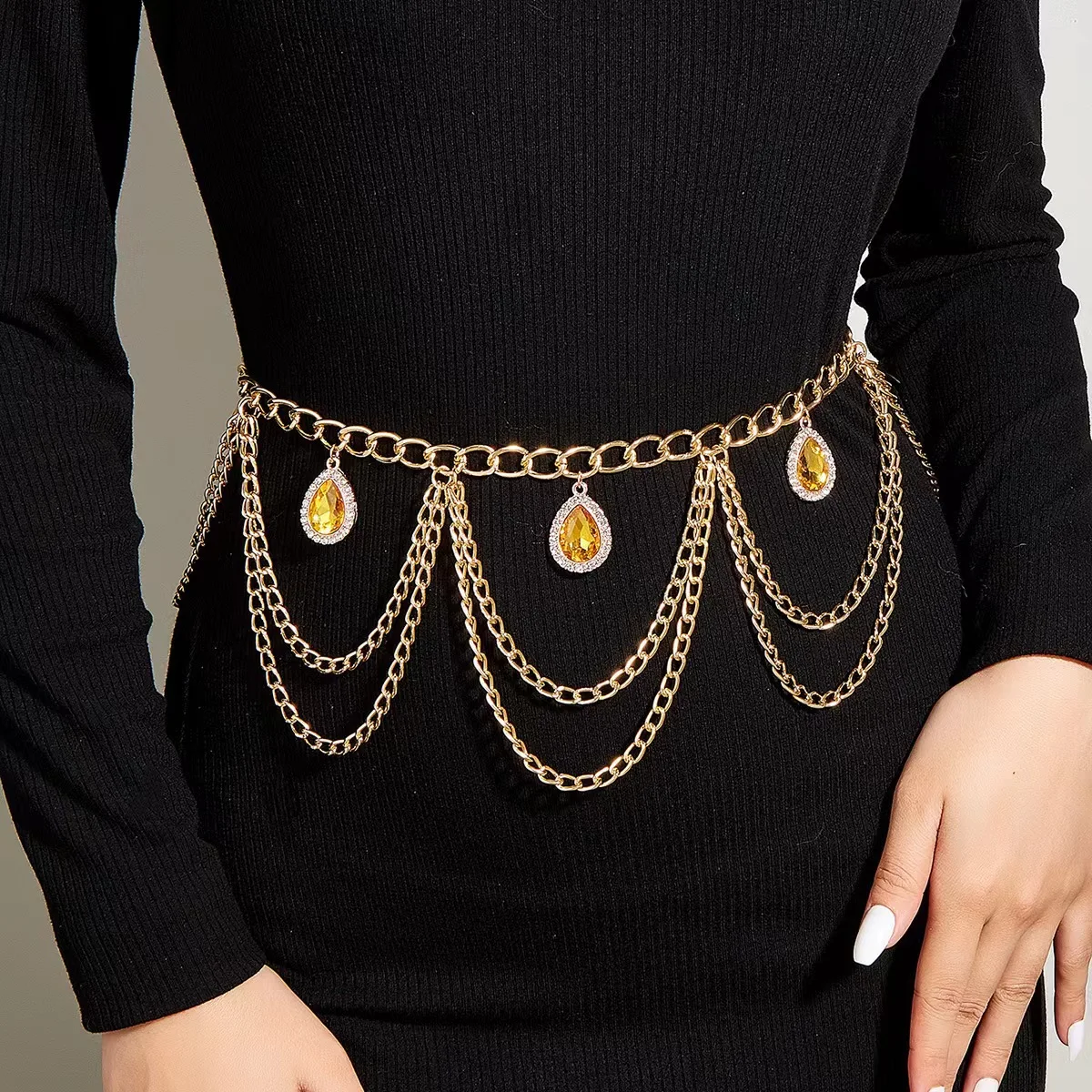 Light Luxury Multi-layer Retro Style Champagne  Gemstone Pendant Waist Chain Ladies' Body Chain Jewelry